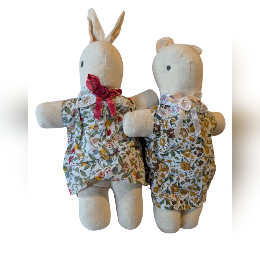 Vintage Homespun Easter‎ Floral Plush Bunnies Cottage Core